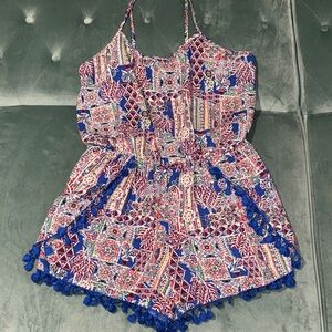 Bohemian Patchwork Romper with Blue Accents